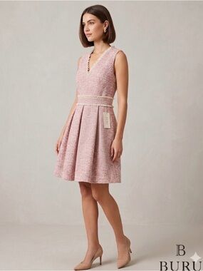 BURU Pink Tweed Sleeveless Mini Dress Fringe Trim New with tags